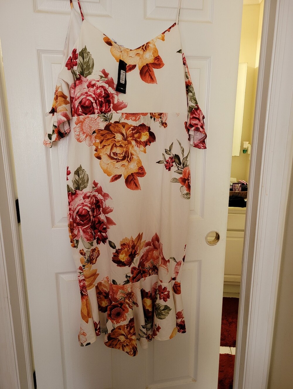 Fashion Nova Cream Floral Cold-Shoulder Midi Dress with Rose and Mustard Blooms